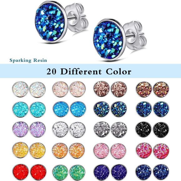 20 Pairs Round Stud Earrings Stainless Steel Druzy Stud Earring Anti Sensitive F - Picture 2 of 6